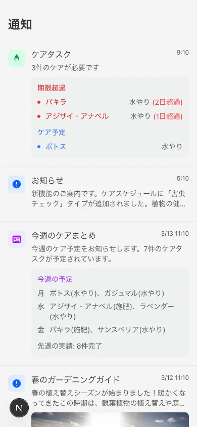 通知画面 — ケアリマインダーと週間サマリー